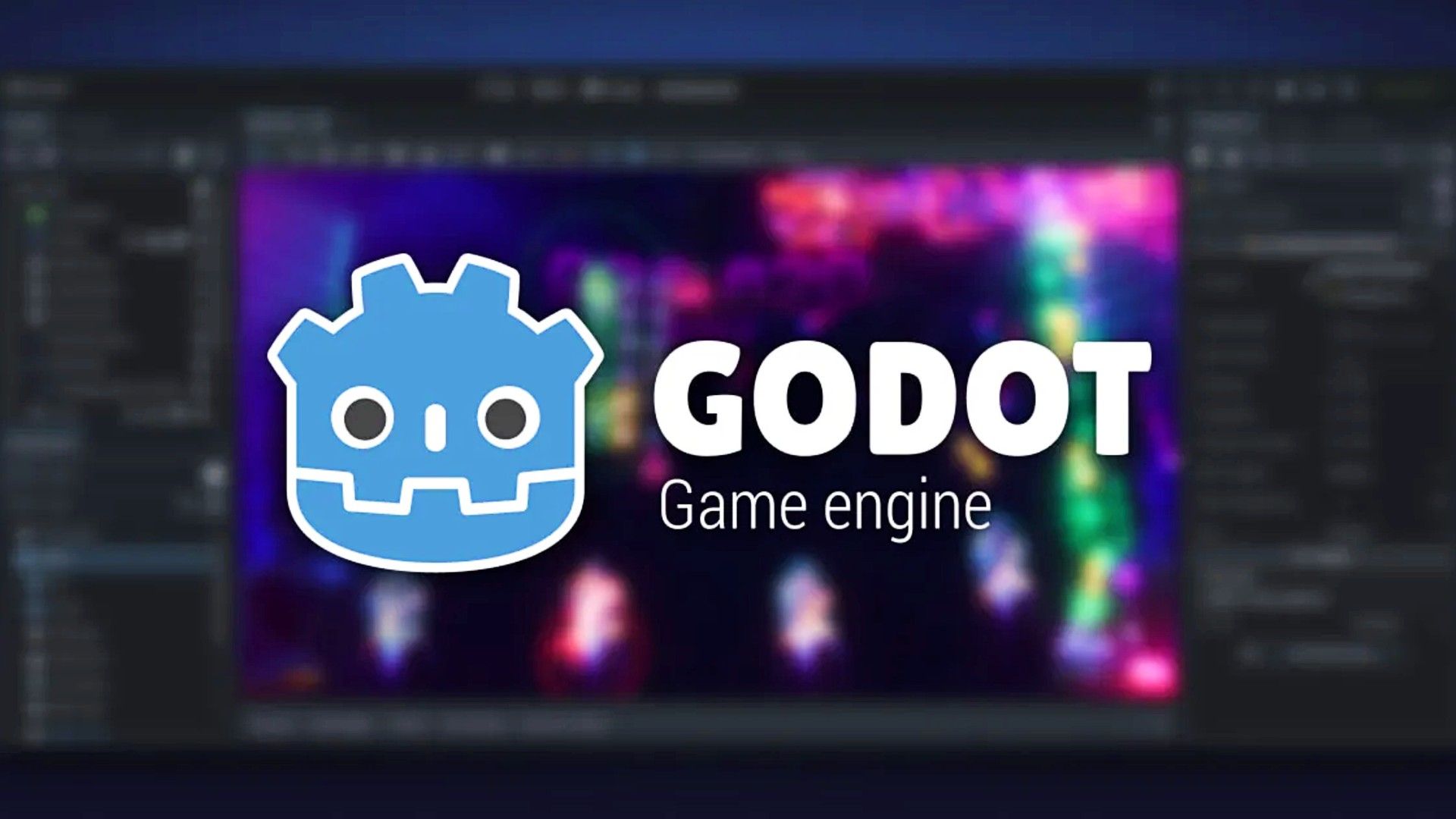 Godot Engine logo in front of a blurred project being worked on.