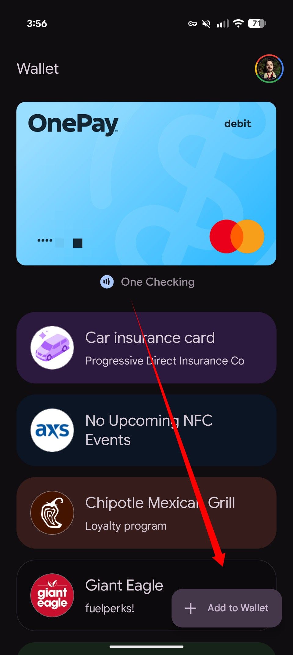 The Google Wallet interface with a red arrow pointing to 'Add to Wallet'