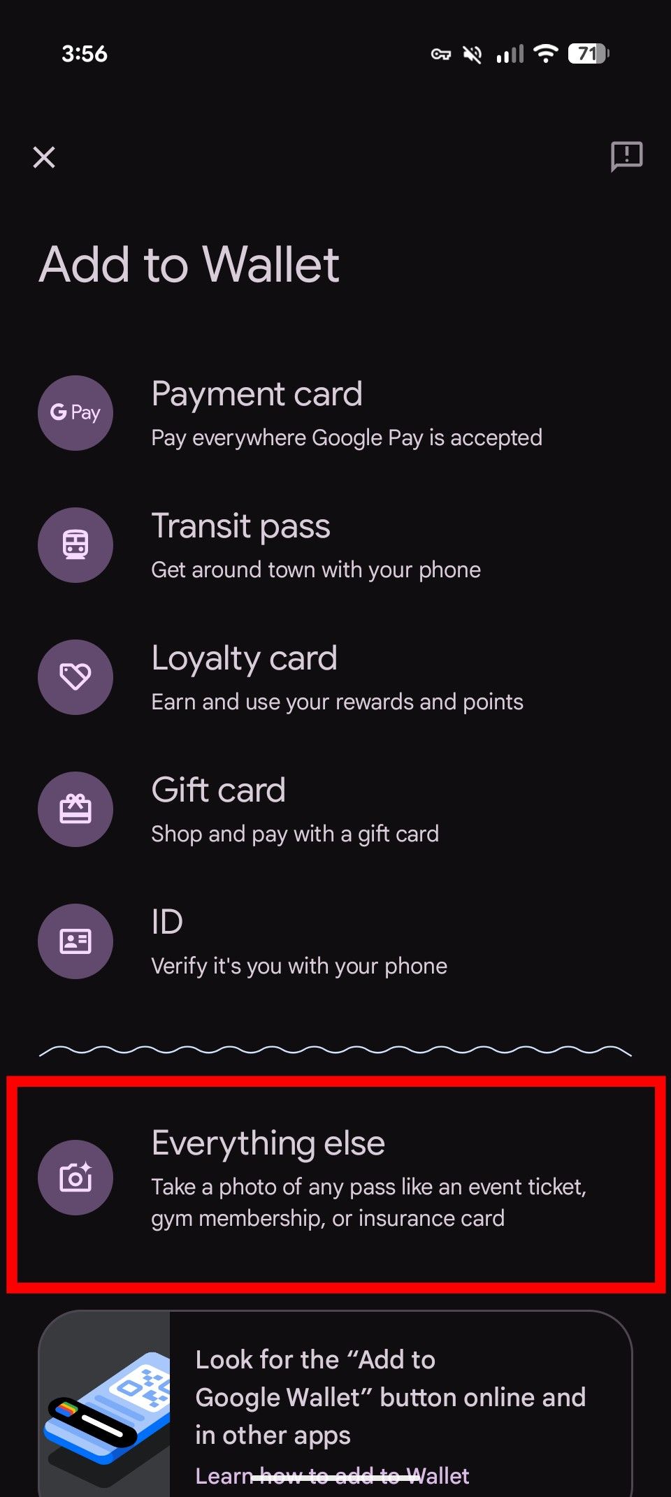 The Google Wallet interface with a red box around 'Everything else'