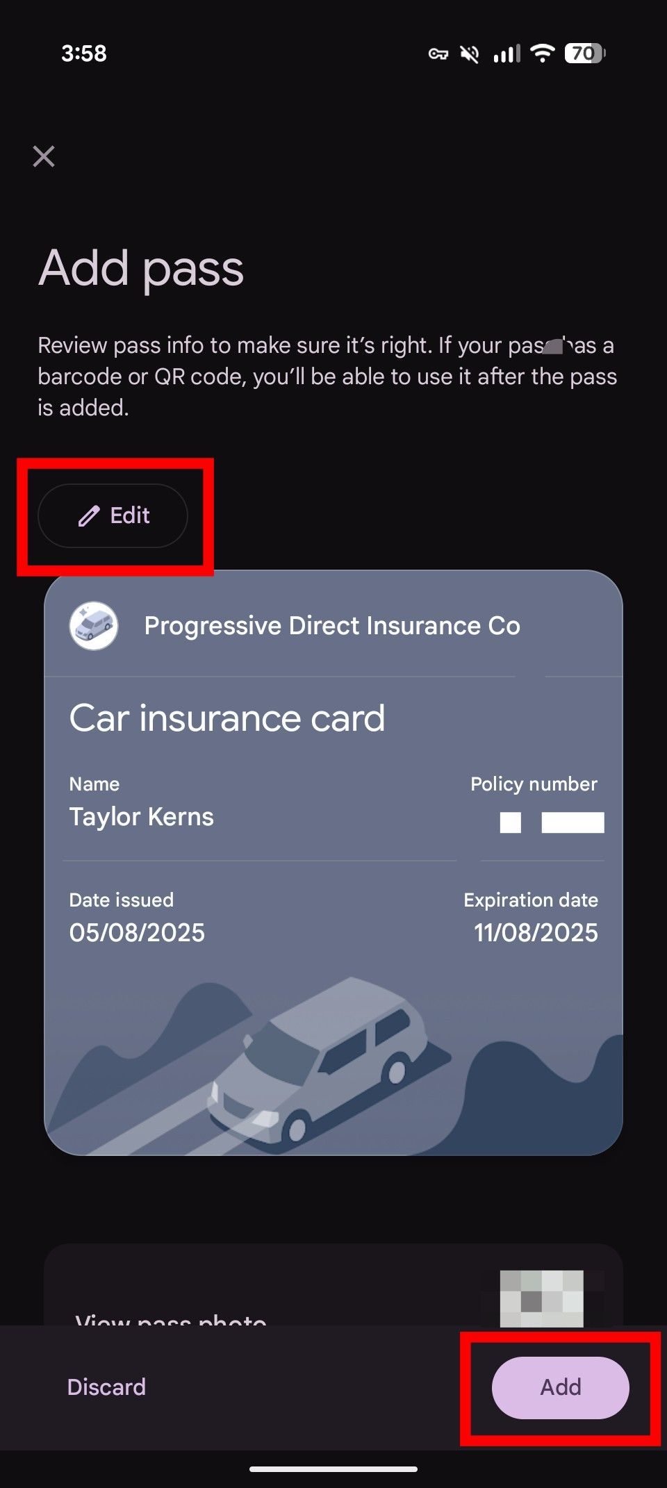 The Google Wallet interface showing a custom pass being added