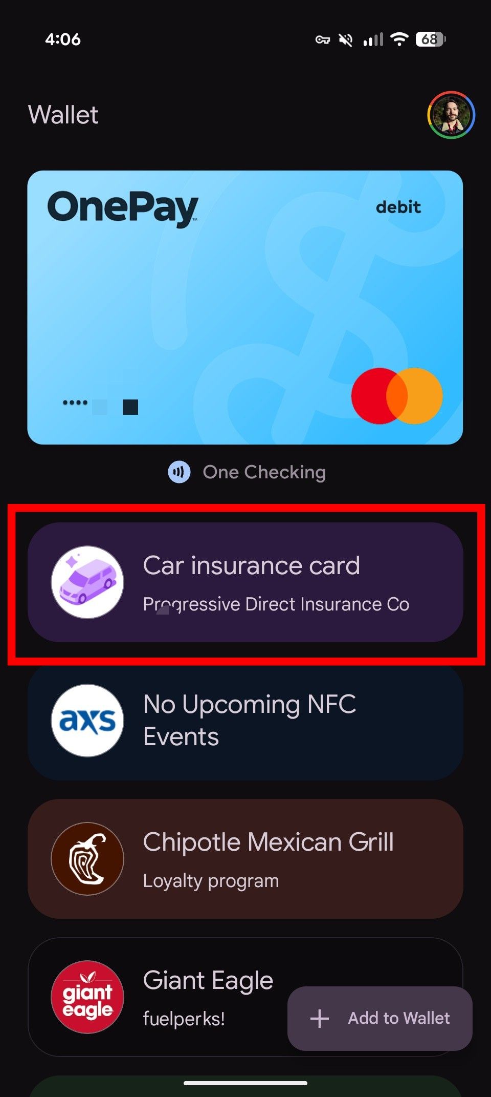 The Google Wallet interface with a red rectangle around a custom car insurance card