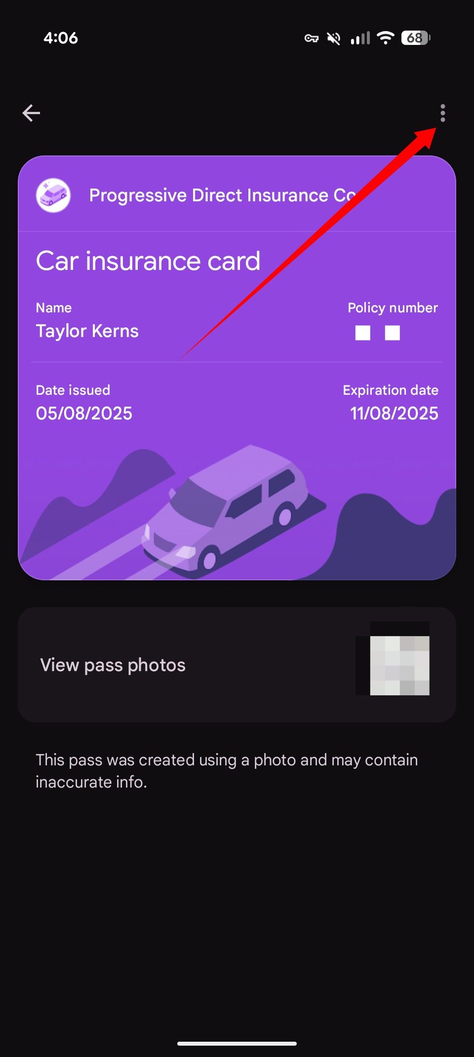 The Google Wallet interface with a red arrow pointing to the overflow menu icon for a custom pass