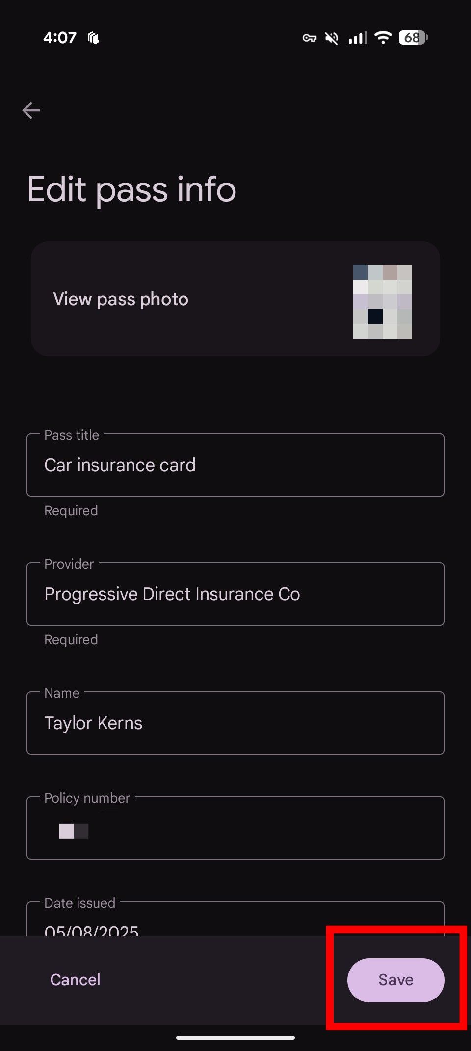 The Google Wallet interface with a red rectangle around the Save button on the Edit pass info screen