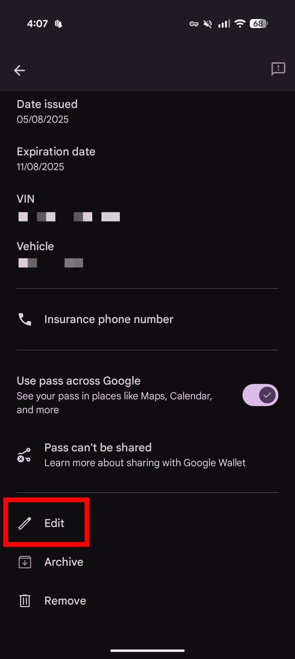 The Google Wallet interface with a red rectangle around the edit button for a custom pass