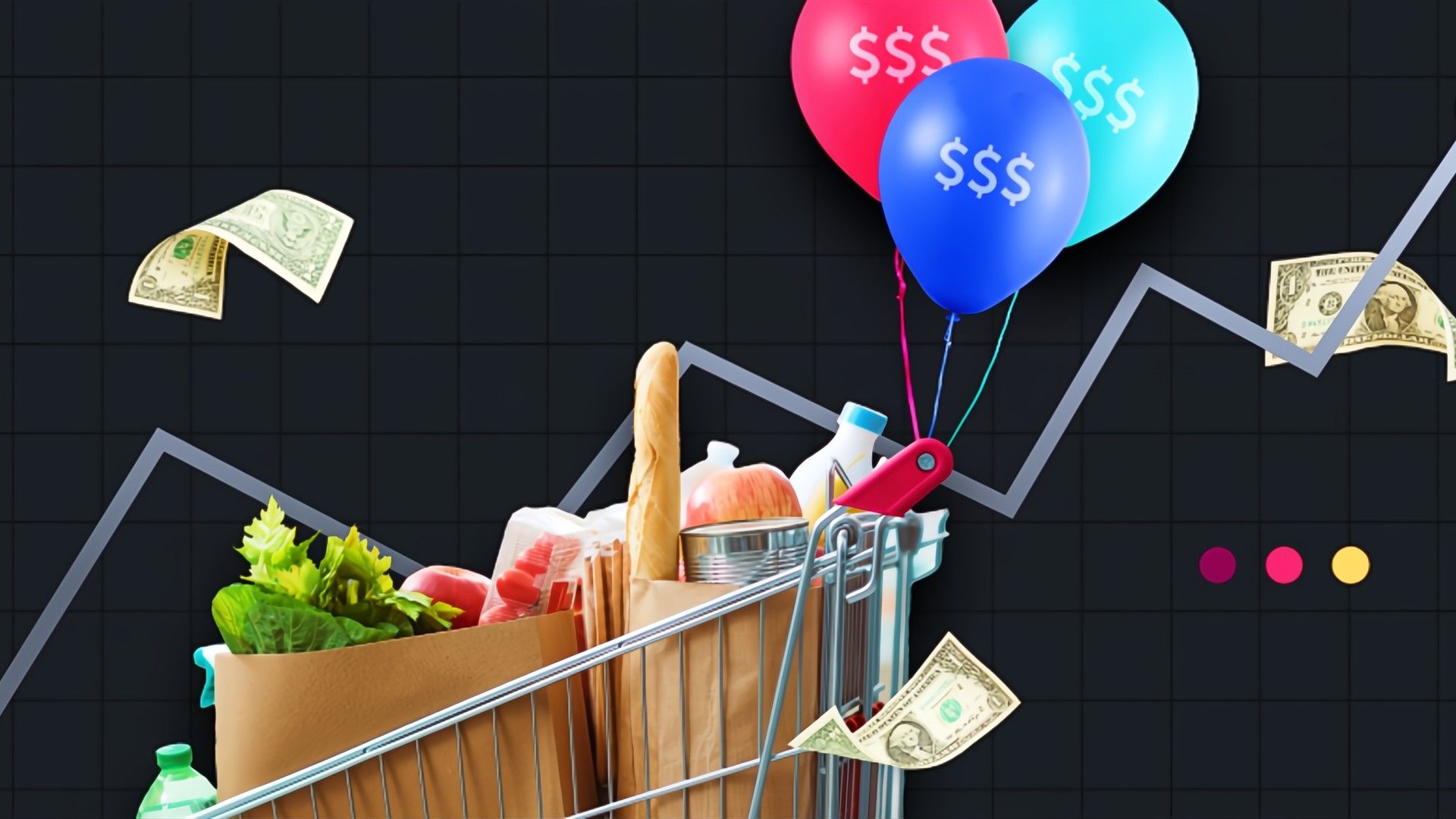 Groceries in a cart in front of dollars and a pricepoint going up.