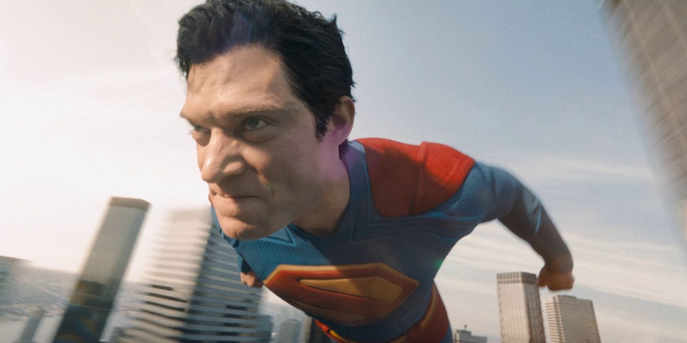 David Corenswet in Superman flying through the air