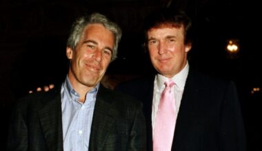 Portrait of American financier Jeffrey Epstein (left) and real estate developer Donald Trump as they pose together at the Mar-a-Lago estate, Palm Beach, Florida, 1997
