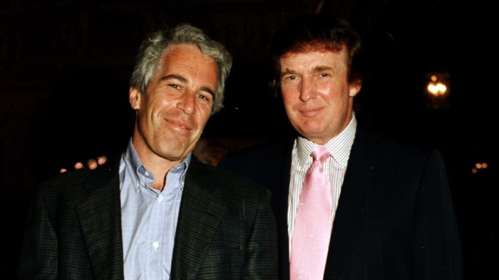 Portrait of American financier Jeffrey Epstein (left) and real estate developer Donald Trump as they pose together at the Mar-a-Lago estate, Palm Beach, Florida, 1997
