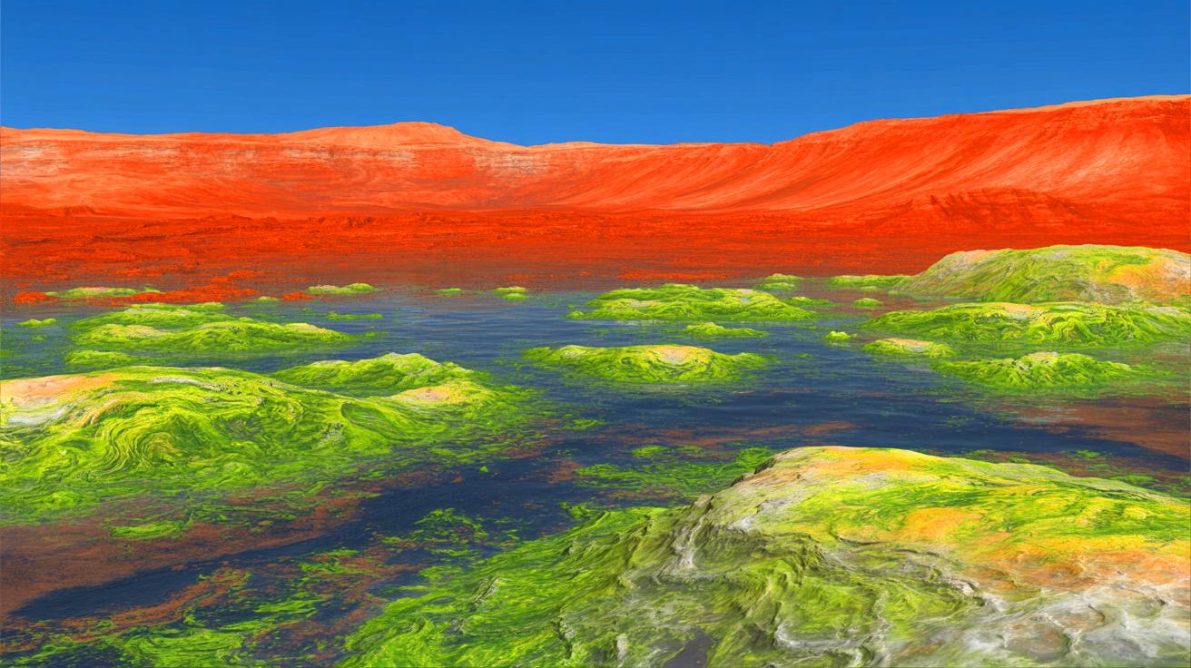 Illustration of an envisioned Mars transformed into a habitable planet, generated by artificial intelligence.