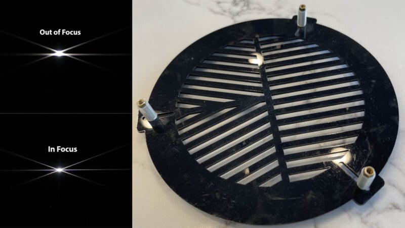 A black Bahtinov mask on a white surface. On the left, two images show a star pattern: “Out of Focus” with separated lines and “In Focus” with intersecting lines. The right shows the mask from above.