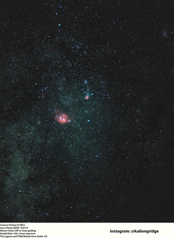 A star-filled night sky featuring the Rosette Nebula and NGC 2244, with pink and blue clouds of gas visible among bright stars; text at the bottom credits equipment and Instagram user @kailongridge.