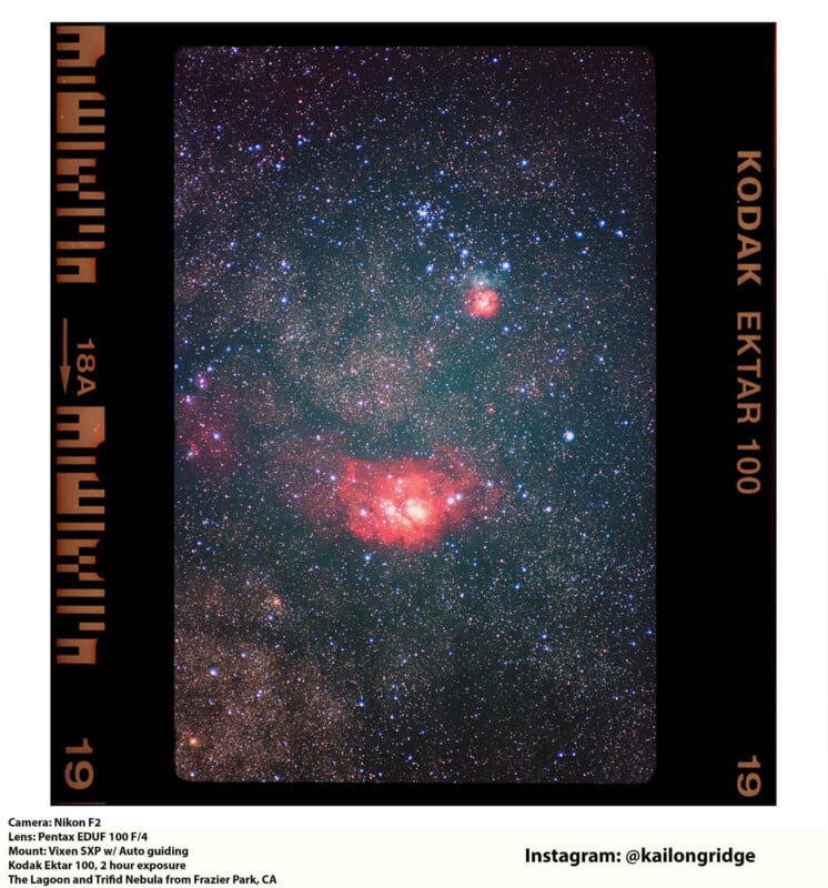 A vibrant astrophotograph of the Lobster Nebula and stars, framed by a Kodak Ektar 100 film border, with camera details and Instagram handle visible at the bottom.