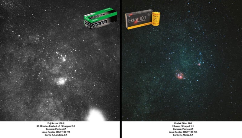 Split image comparing two film photographs of the night sky: left is black and white (Fuji Acros 100), right is color (Kodak Ektar 100). Each side displays a film box and photo details at the bottom.
