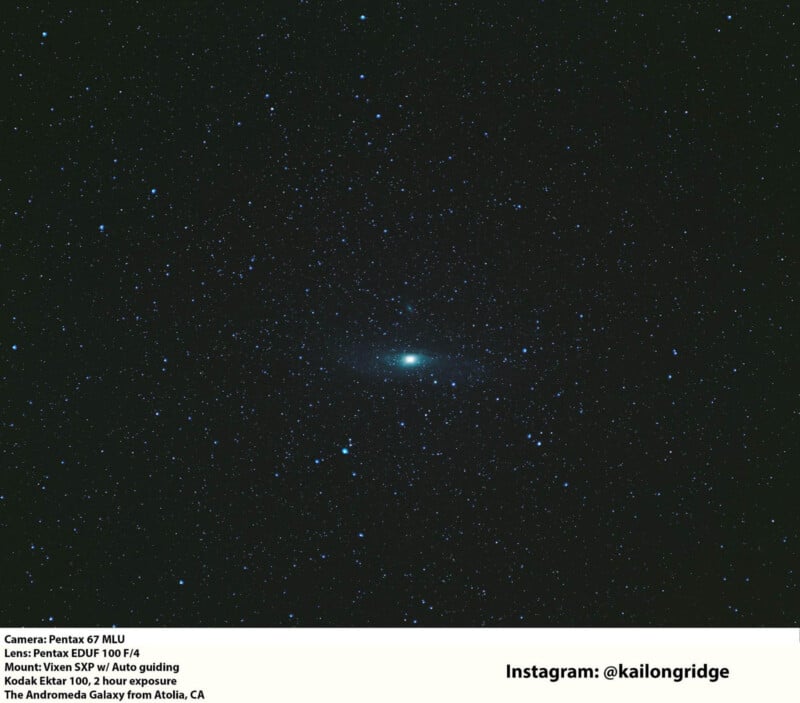 A deep sky photograph shows the Andromeda Galaxy centered against a field of stars, with camera and exposure details and an Instagram handle written at the bottom.