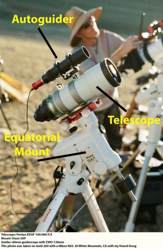 A labeled telescope setup outdoors shows parts including an autoguider, telescope, and equatorial mount. Caption at bottom provides equipment details and a note about the photo location and companions.