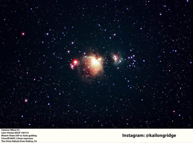 A vivid photo of the Orion Nebula in deep space, showing glowing clouds of gas and stars surrounded by a field of twinkling stars. Text at the bottom provides camera details and an Instagram handle.