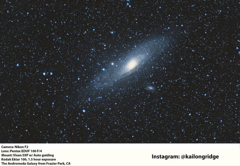 The Andromeda Galaxy appears as a bright, elongated spiral surrounded by countless stars in a dark night sky. Camera and photo details are listed at the bottom left, with Instagram handle @kailongridge on the right.