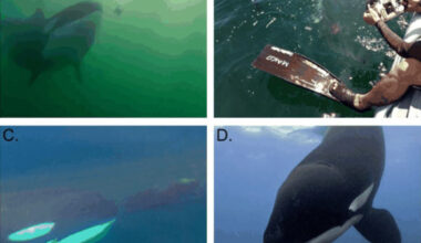The cases presented by Towers et al. are among the first recorded where wild killer whales (Orcinus orca) used prey and other items to instigate interactions with humans. Image credit: Towers et al., doi: 10.1037/com0000422.