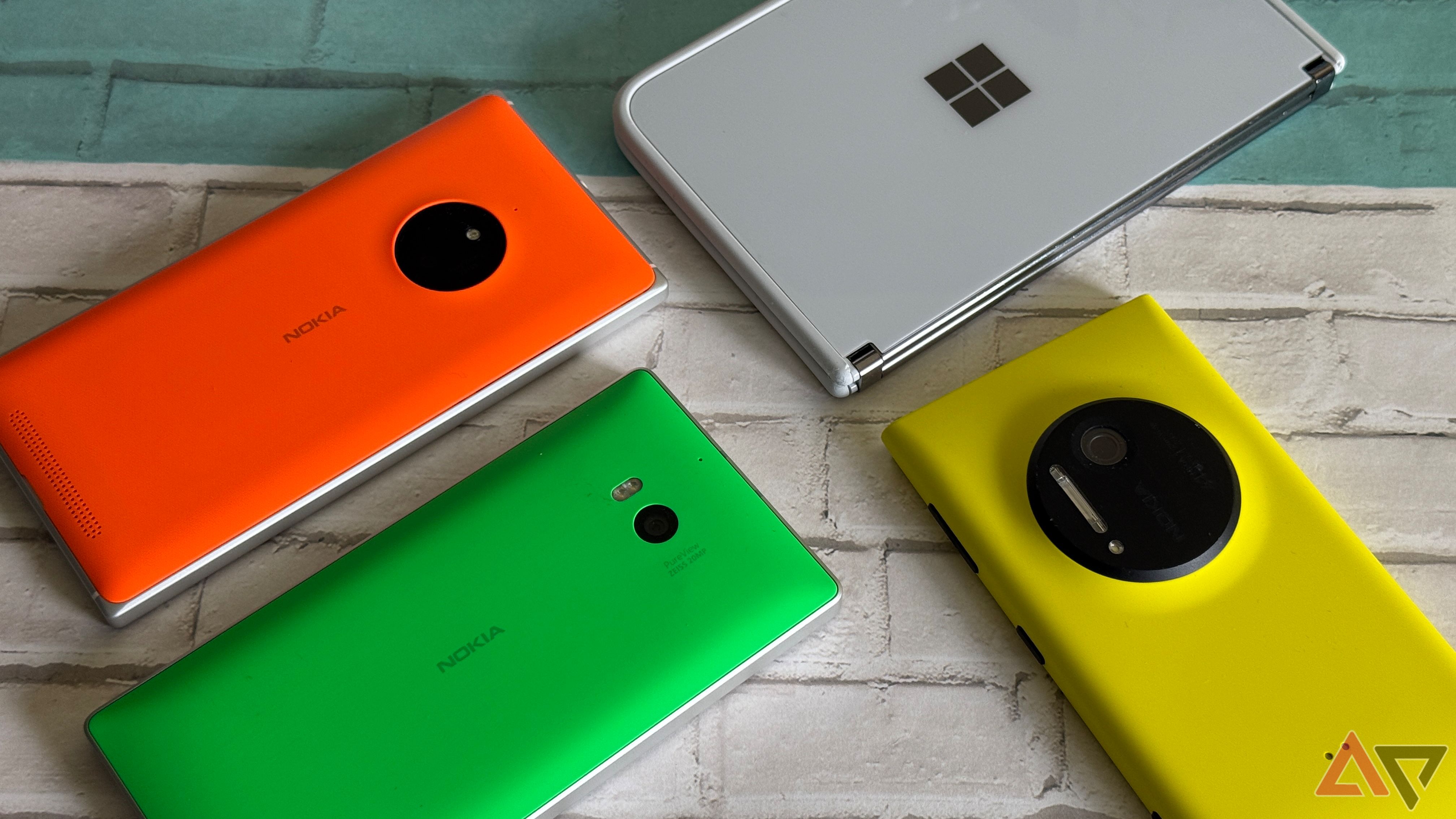 Collection of various Microsoft Windows Phones and the Surface Duo