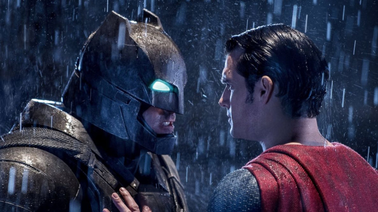 Batman looks angrily at Superman in Batman V Superman: Dawn of Justice