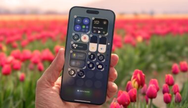 A hand holds an iPhone in front of a warm fireplace.