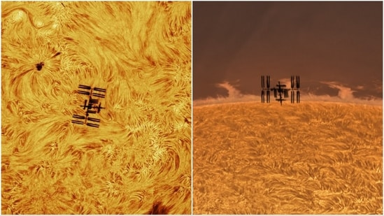 Stunning visuals capture the ISS swiftly crossing the Sun, appearing to streak past in a split second.(Instagram/Andrew McCarthy)