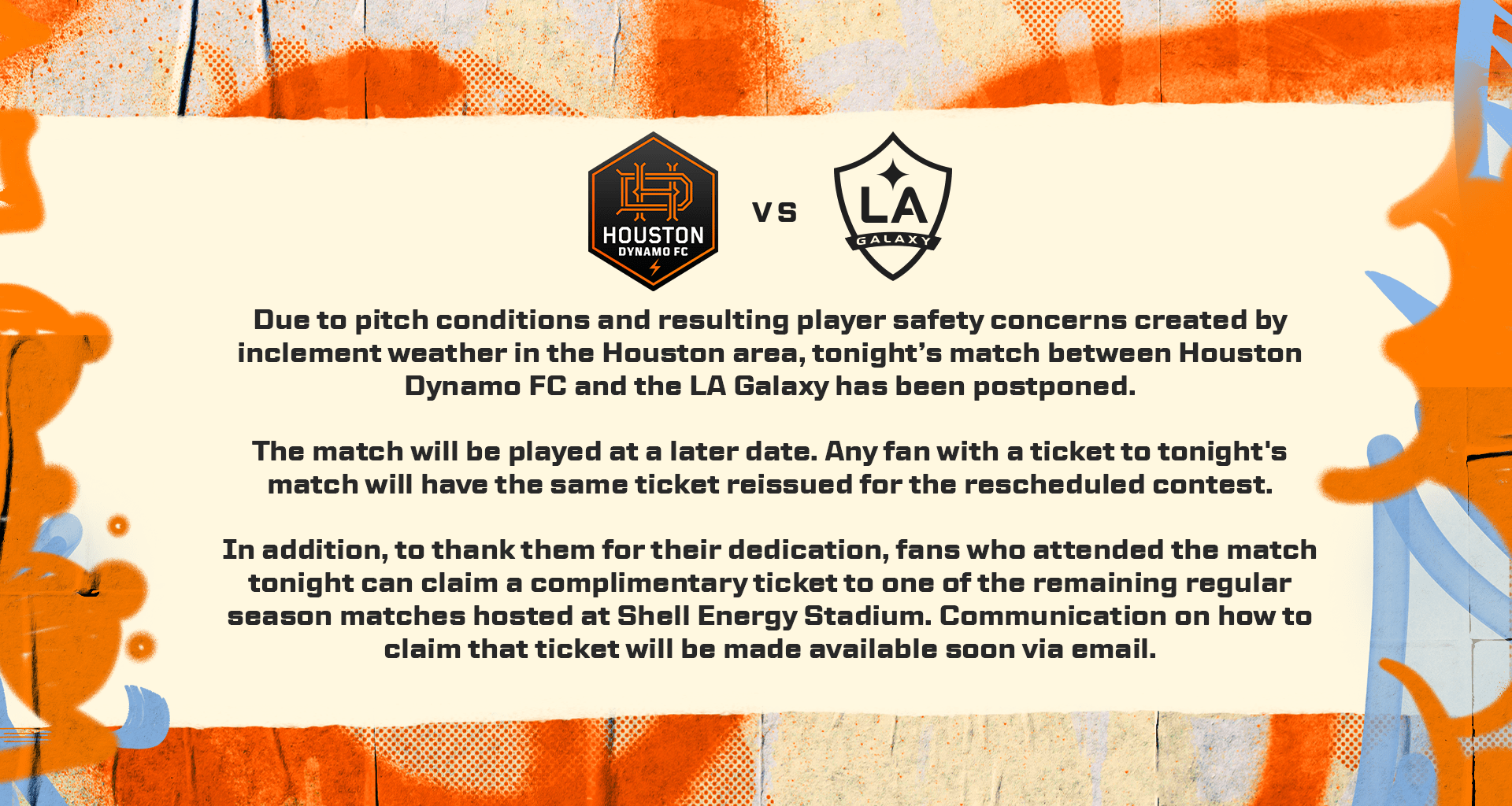 Houston Dynamo FC vs. LA Galaxy match postponed due to effects of inclement weather 