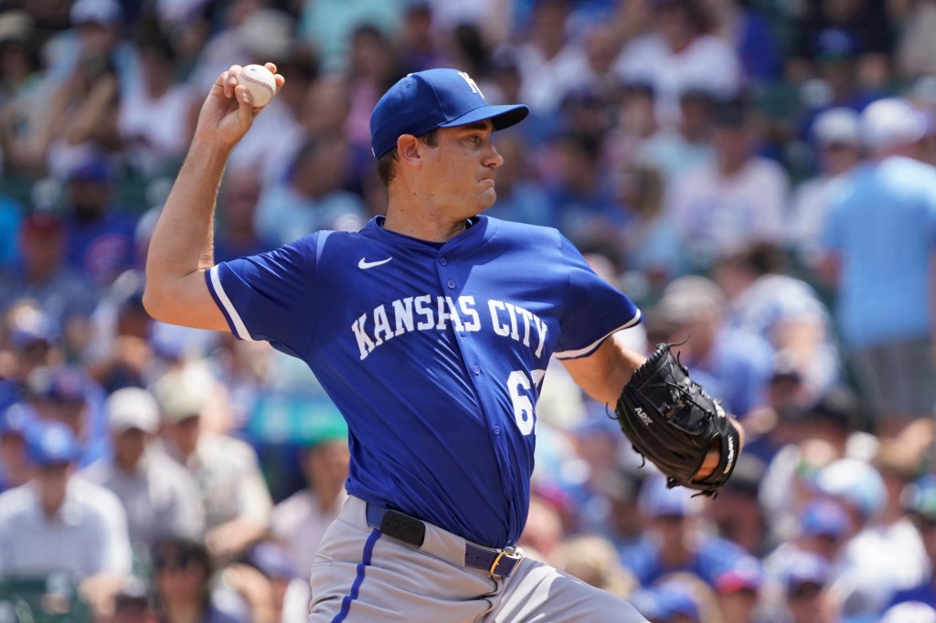 Kansas City Royals pitcher Seth Lugo throwing a baseball.