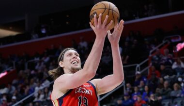 orward Kelly Olynyk (13) goes in for a layup against the Detroit Pistons during the second half of an NBA basketball game Sunday, March 23, 2025, in Detroit. (AP Photo/Duane Burleson)