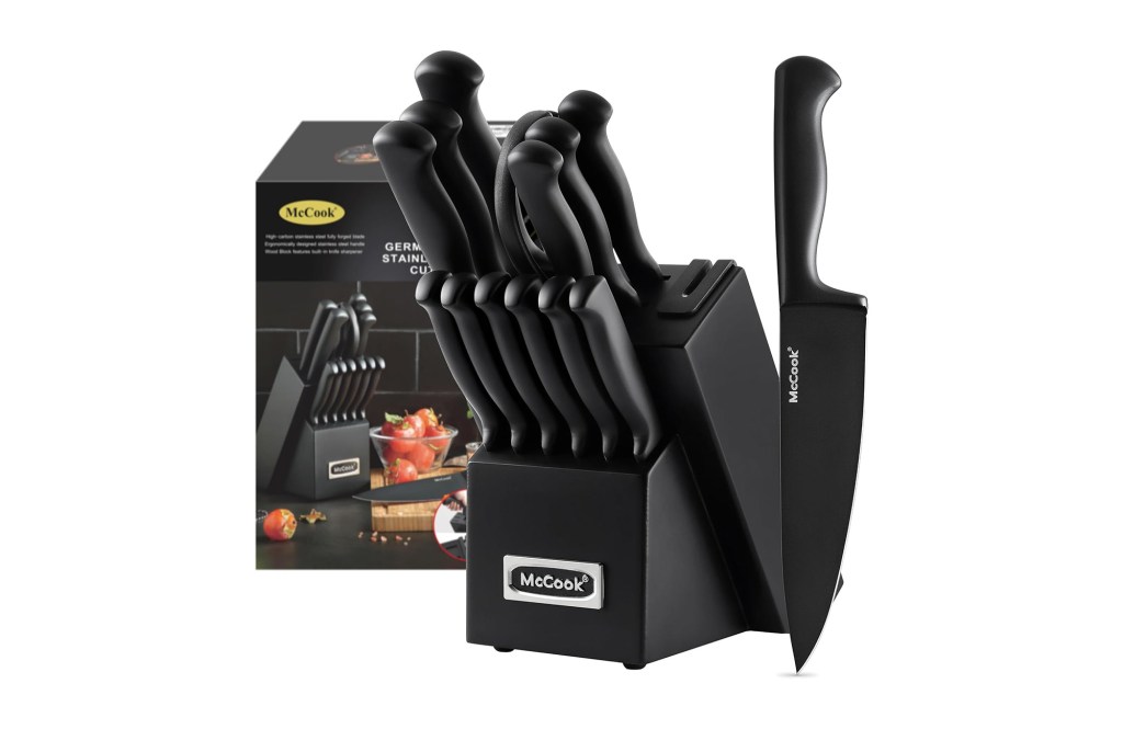 McCook® Knife Sets,German Stainless Steel Knife Block Sets with Built-in Sharpener, Black
