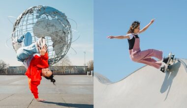 Split image: On the left, a person breakdances on one hand in front of a large metal globe sculpture. On the right, a person skateboards on a curving ramp under a clear blue sky.