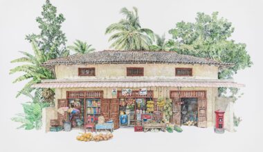 a delicate drawing of a small shop with a tree