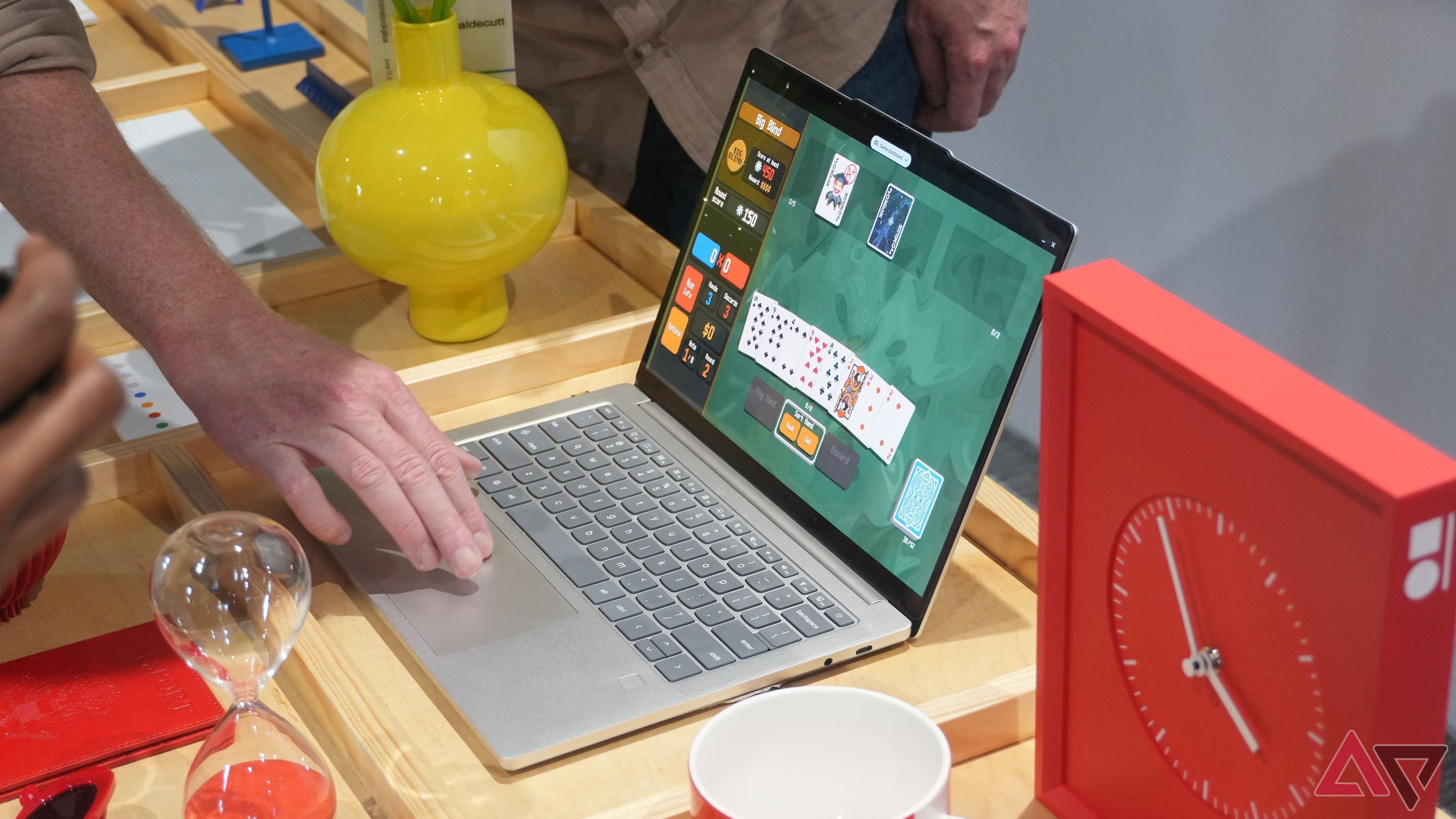 A new Lenovo Chromebook Plus 14 with Balatro on the screen.