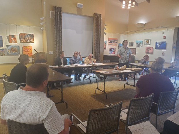 The La Jolla Village Merchants Association hears from La Jolla Cove Swim race director Aaron Brennan during its July 9 meeting. (Ashley Mackin-Solomon)