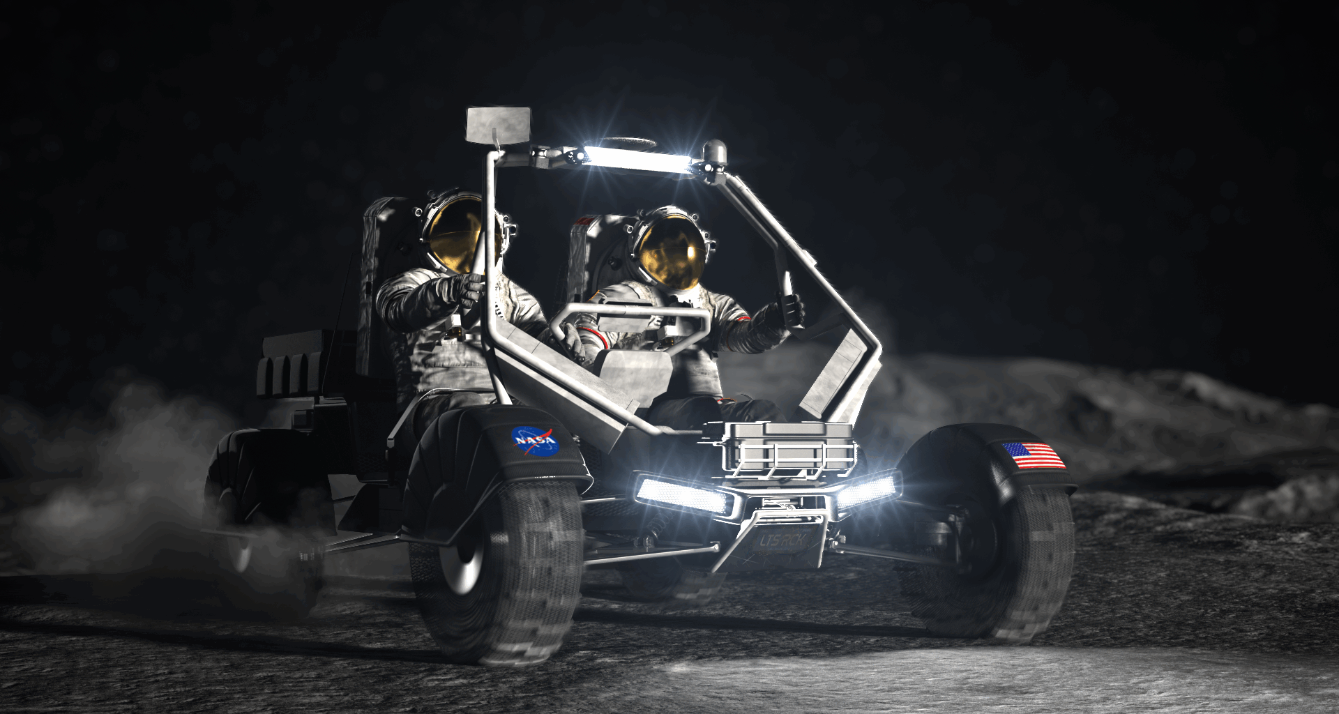 In an artist's concept, two astronauts ride on a lunar terrain vehicle on the surface of the Moon