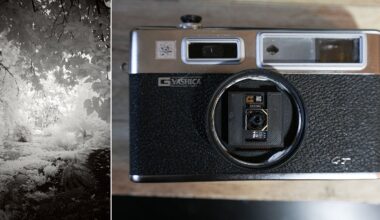 Split image: On the left, an infrared photo shows a bright, leafy forest path. On the right, a vintage Yashica GT camera with a rangefinder lens is placed on a wooden surface.