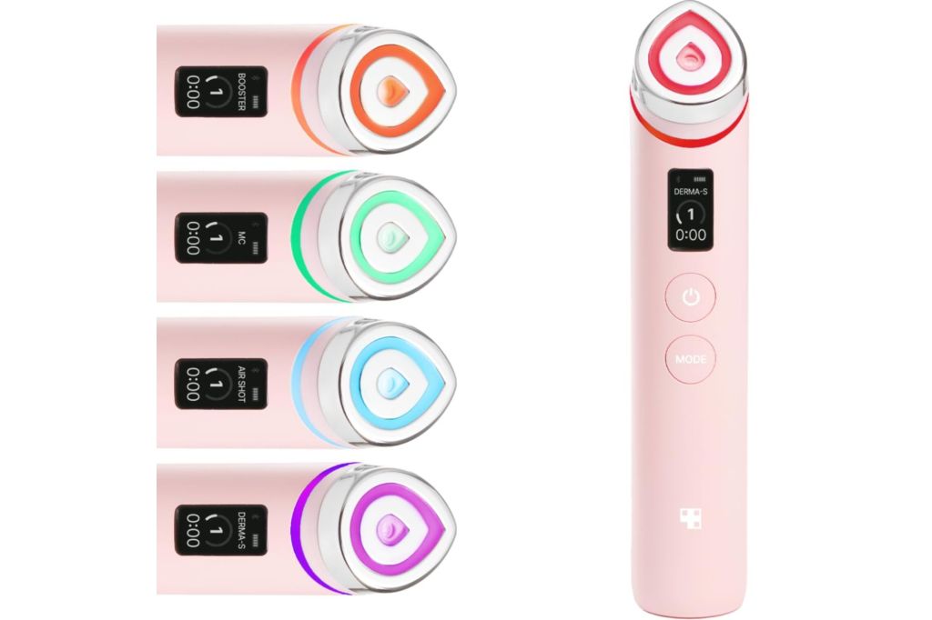 A beauty tool device with microcurrent in the color pink.