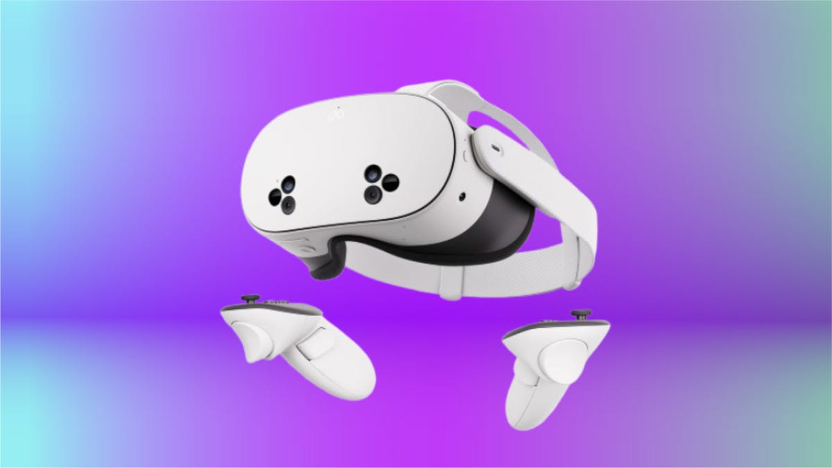Meta Quest 3S headset and controllers against a blue and purple gradient background