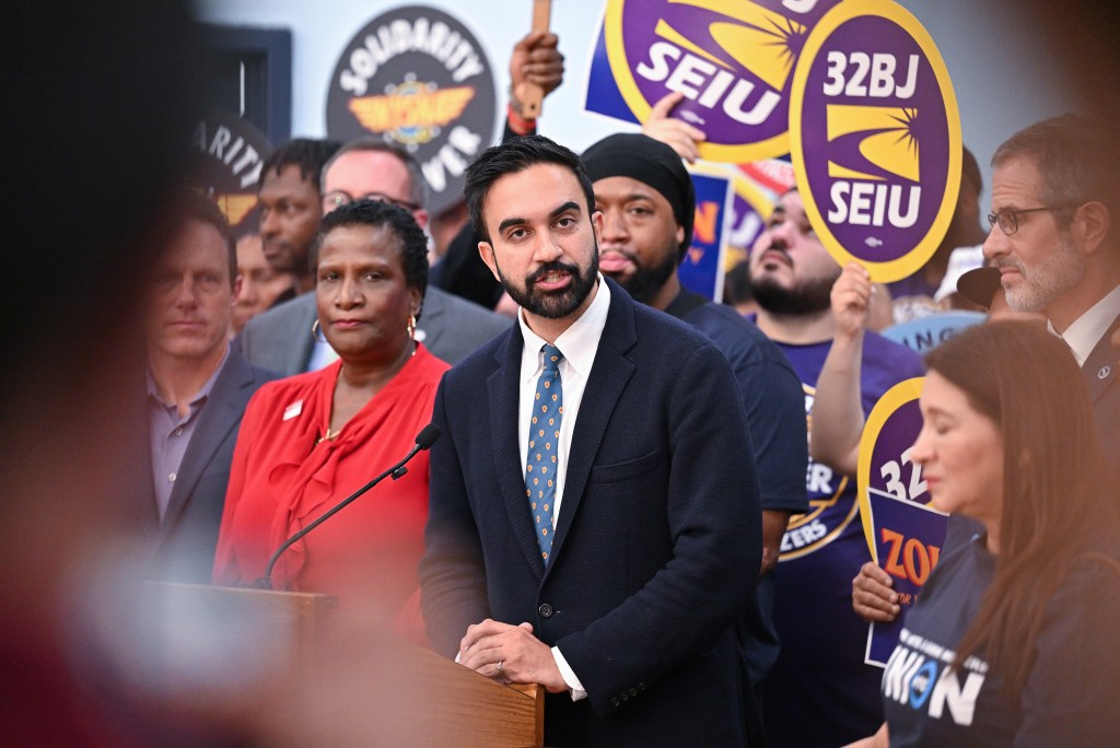 Zohran Mamdani at a labor rally.