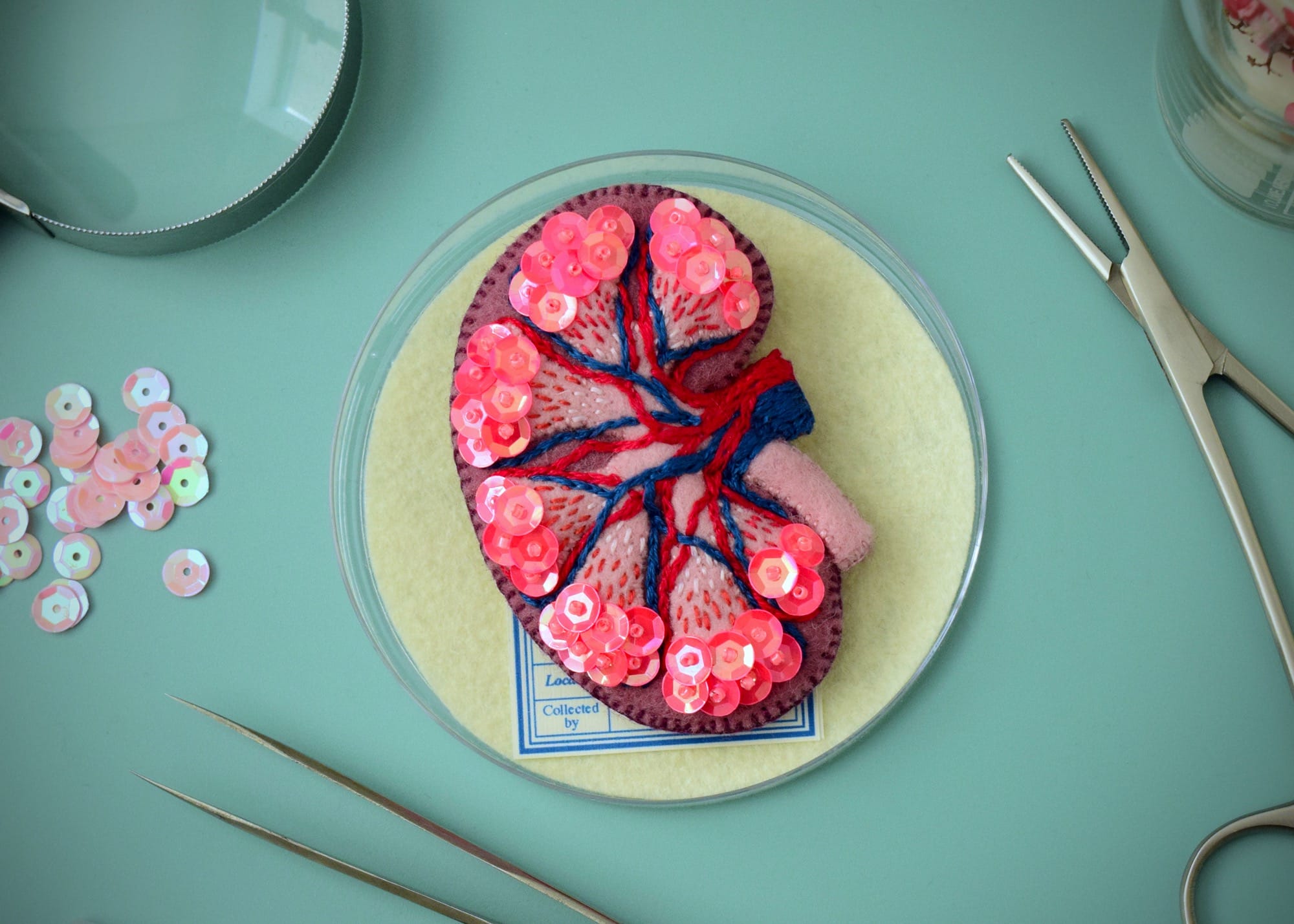 a felted brooch in the shape of an anatomical organ