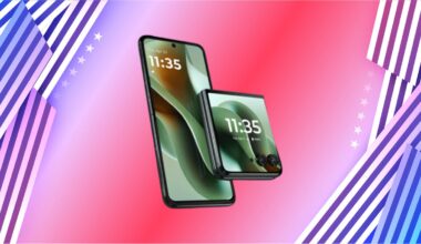 Foldable Motorola brand phone displayed in open and folded form against a smeared red-pink background with purple and white stars and stripes as borders