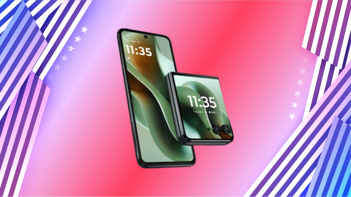 Foldable Motorola brand phone displayed in open and folded form against a smeared red-pink background with purple and white stars and stripes as borders