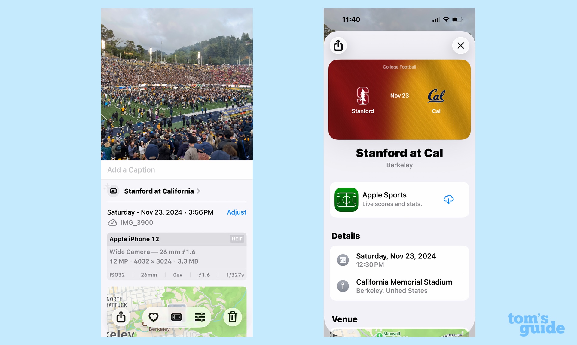 event information for a Cal STanford football game in ios 26 photos