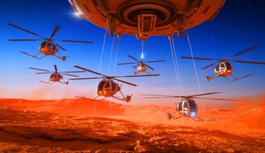 Illustration of the Skyfall mission concept deploying six autonomous helicopters on Mars, generated by artificial intelligence.