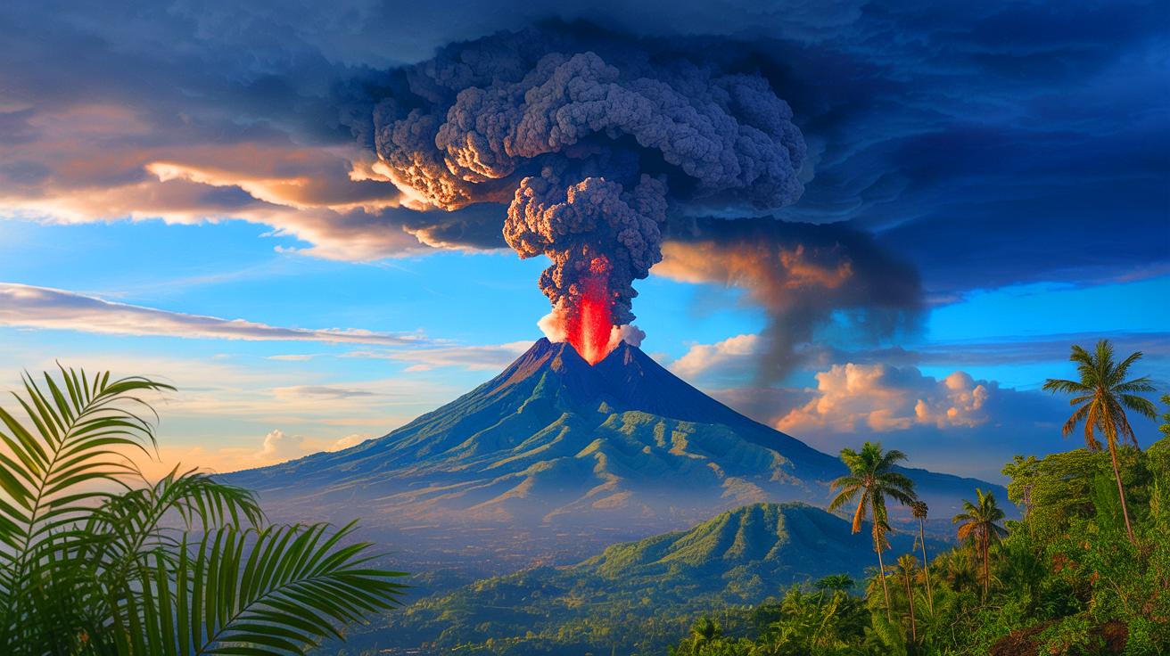Illustration of Mount Lewotobi Laki-laki erupting, with ash clouds rising over 6 miles high, created by artificial intelligence.