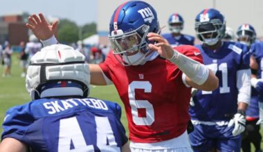 Jaxson Dart, Cam Skattebo show off rookie connection at Giants camp