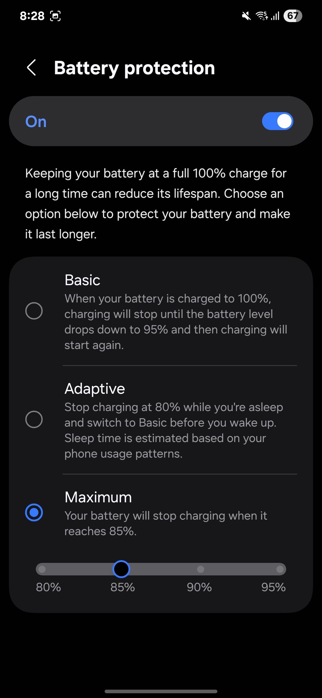 Battery protection settings with charging limit set to 85 percent