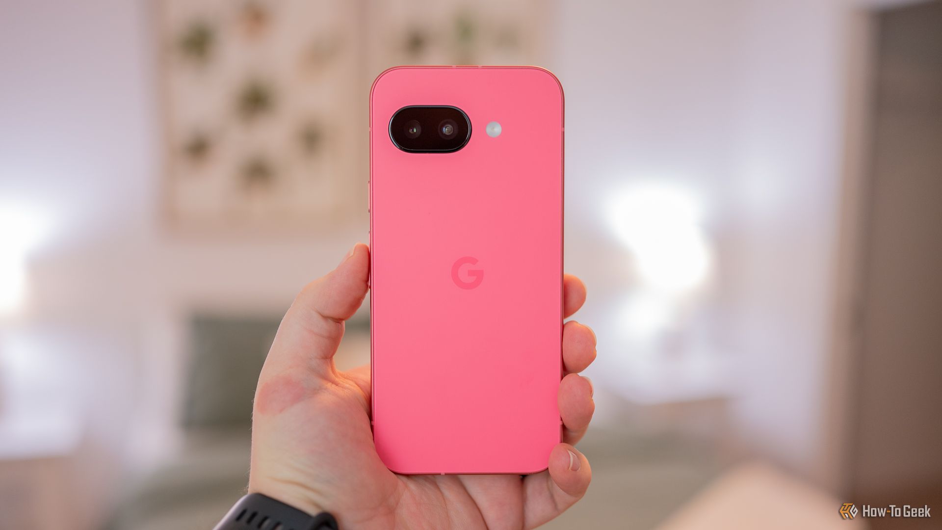 Person holding the Google Pixel 9a showing the back of the phone.