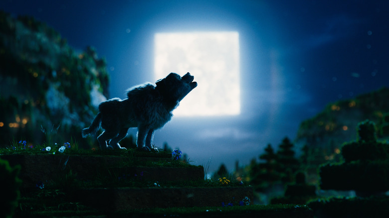 A wolf howling at the moon in A Minecraft Movie