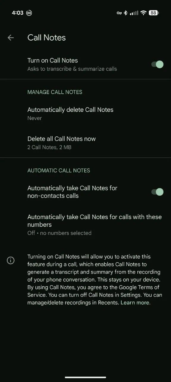 Screenshot showing the auto delete feature in Call Notes